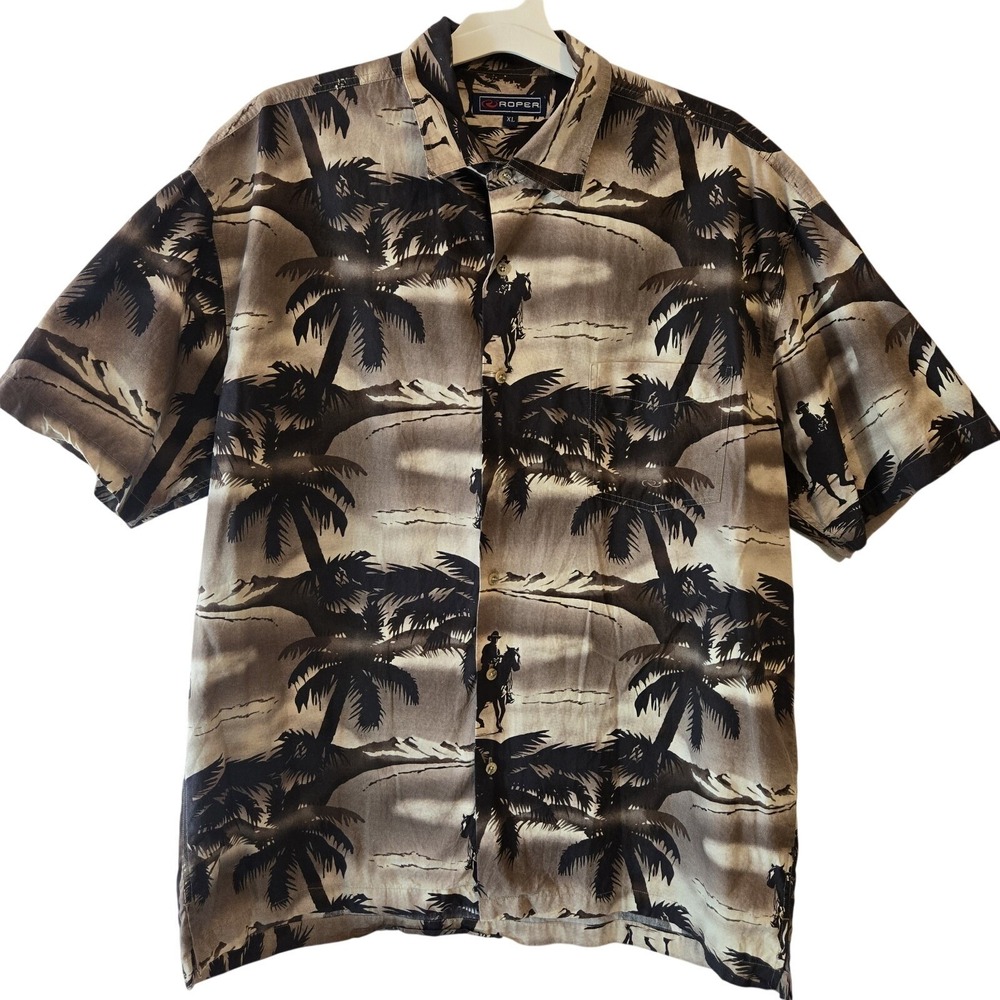 Roper Hawaiian Western Shirt Mens XL Palm Tree Cowboy Rayon Button Up